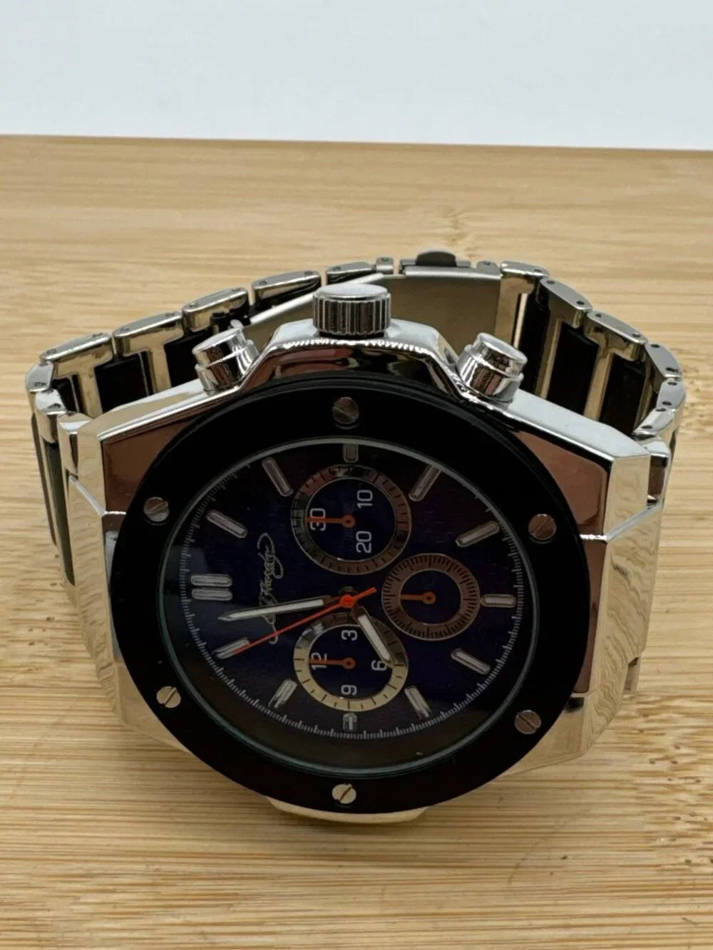 Ed Hardy Men's Silver Tone Bracelet Watch Blue Dial Black Bezel Quartz
